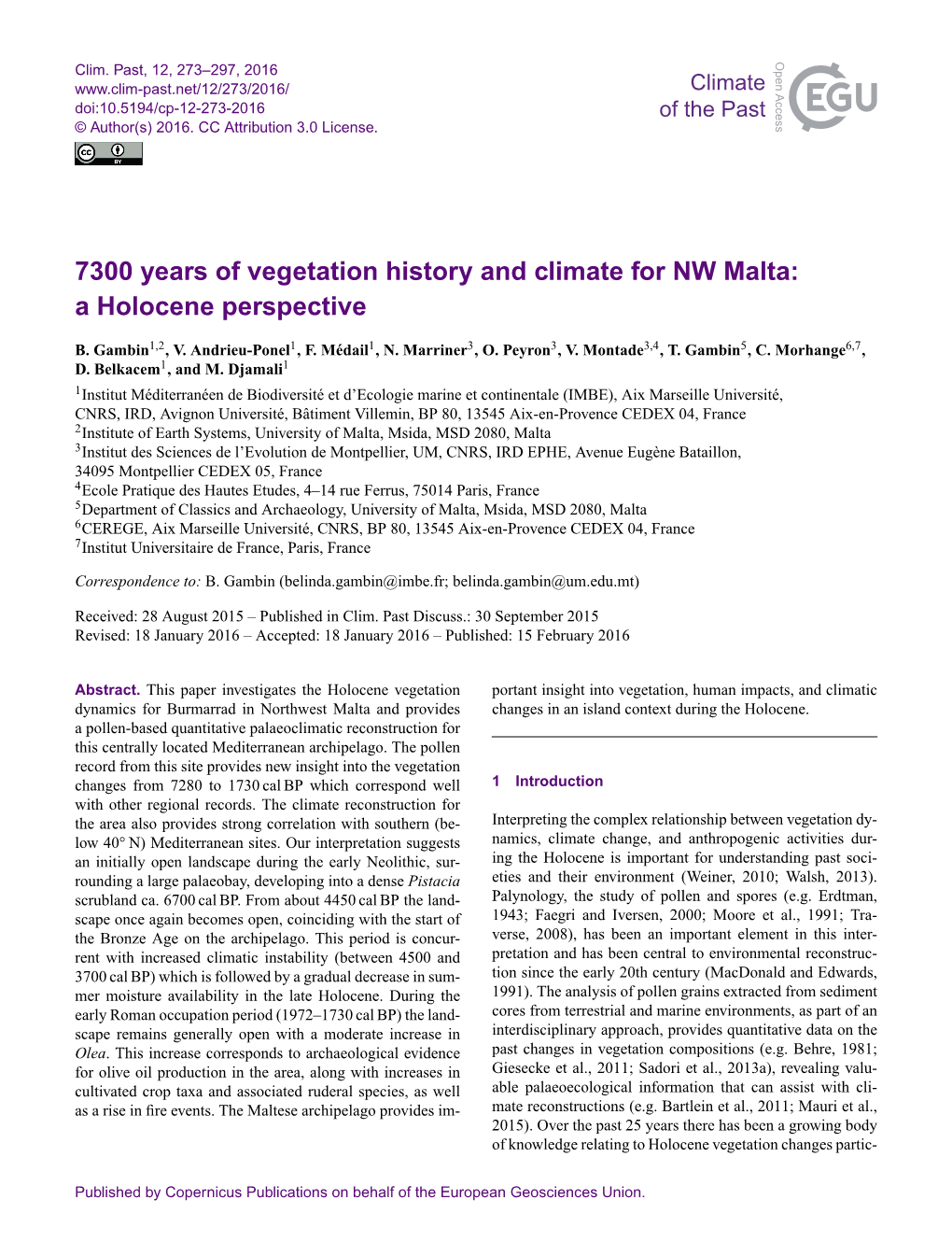 7300 Years of Vegetation History and Climate for NW Malta: a Holocene Perspective