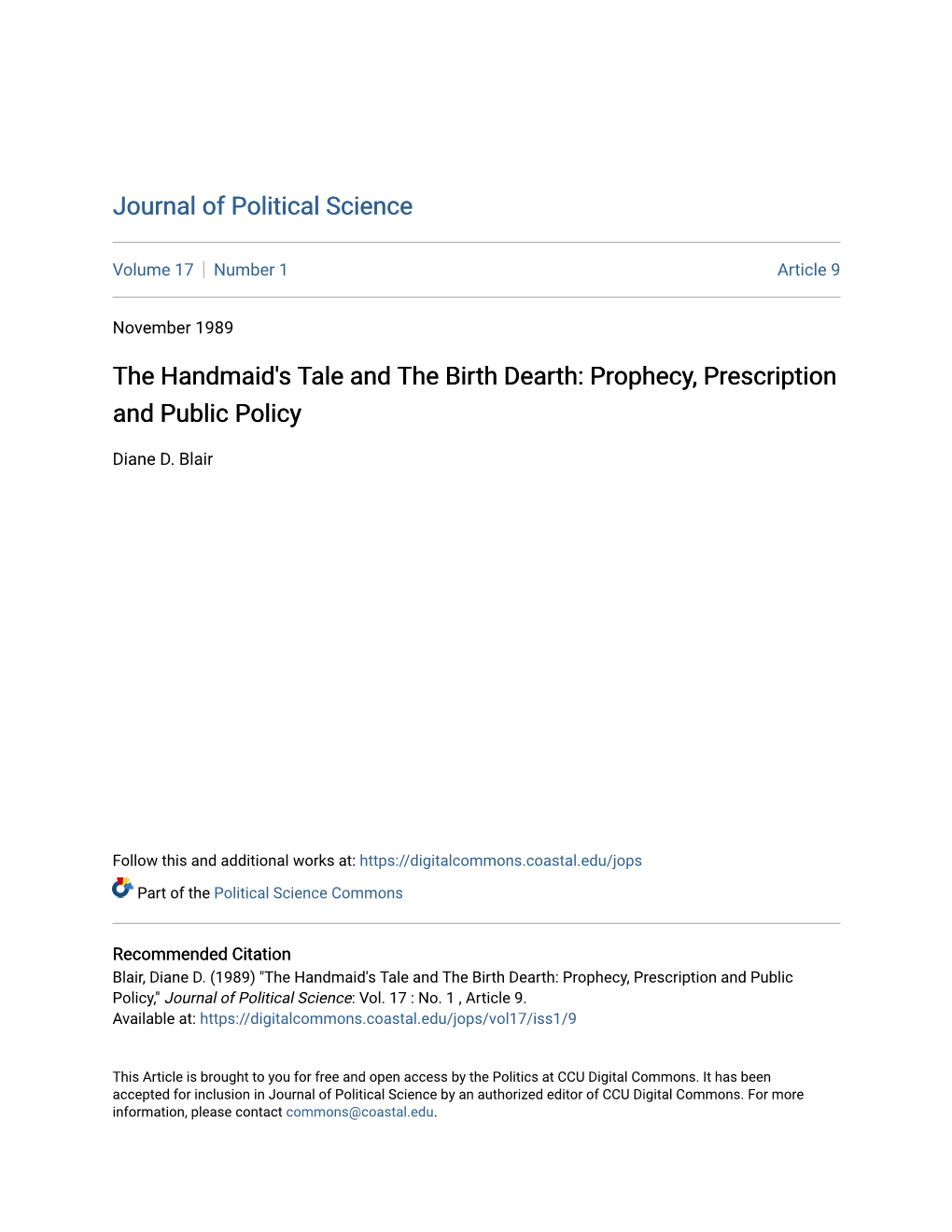 The Handmaid's Tale and the Birth Dearth: Prophecy, Prescription and Public Policy