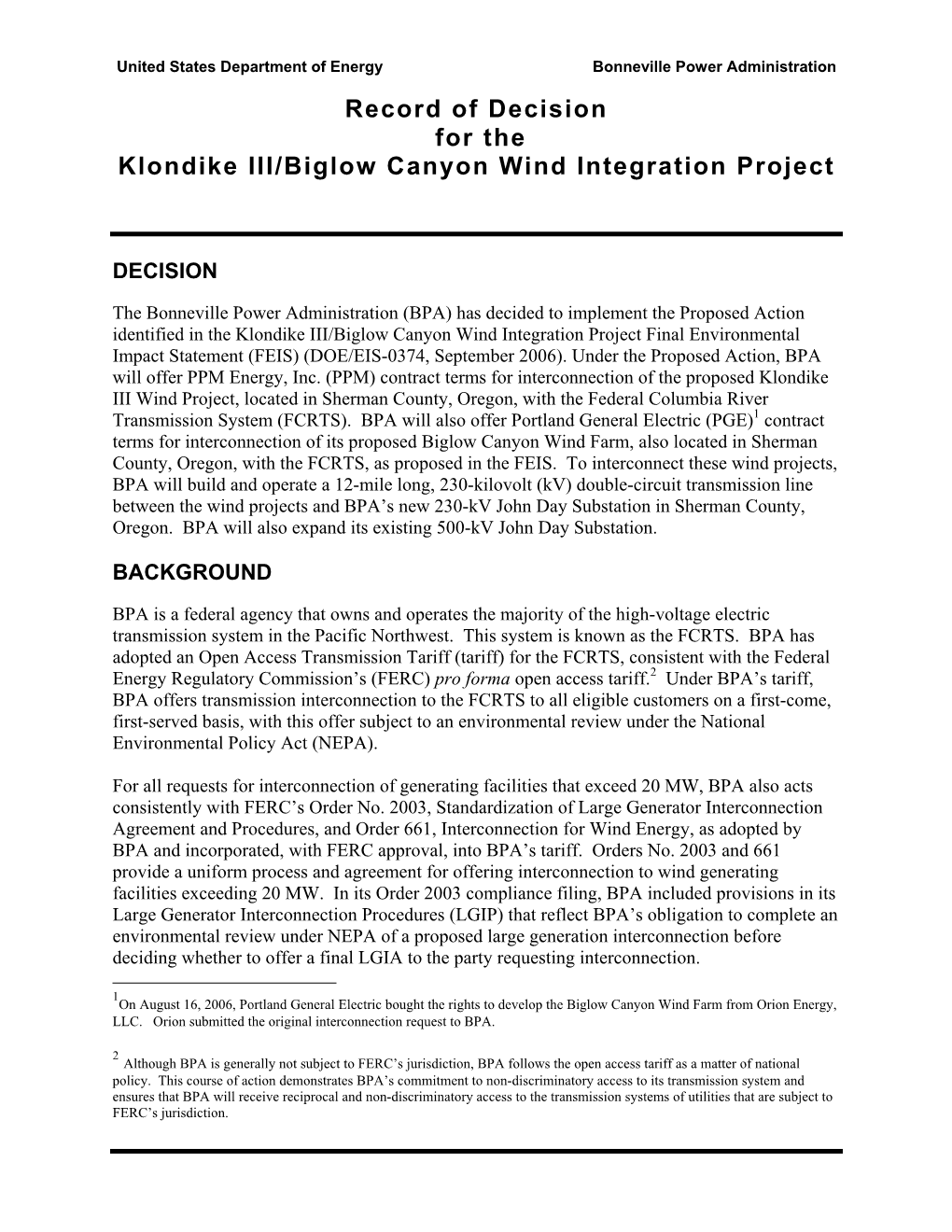 Klondike III/ Biglow Canyon Wind Integration Project