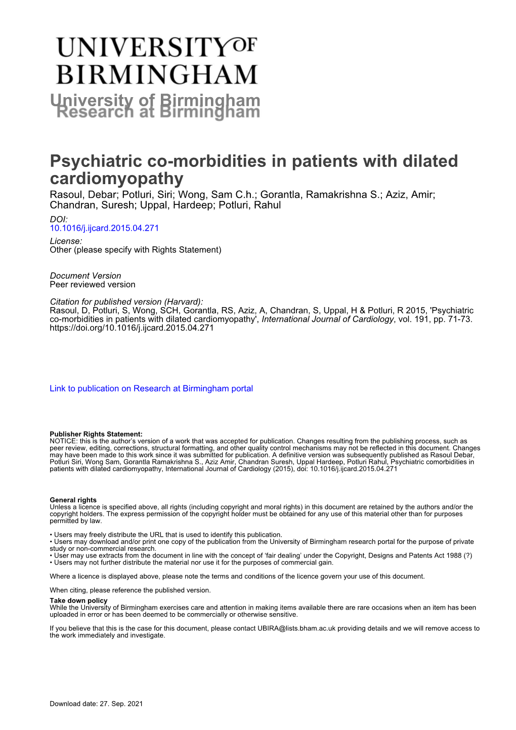 Psychiatric Co-Morbidities in Patients with Dilated Cardiomyopathy