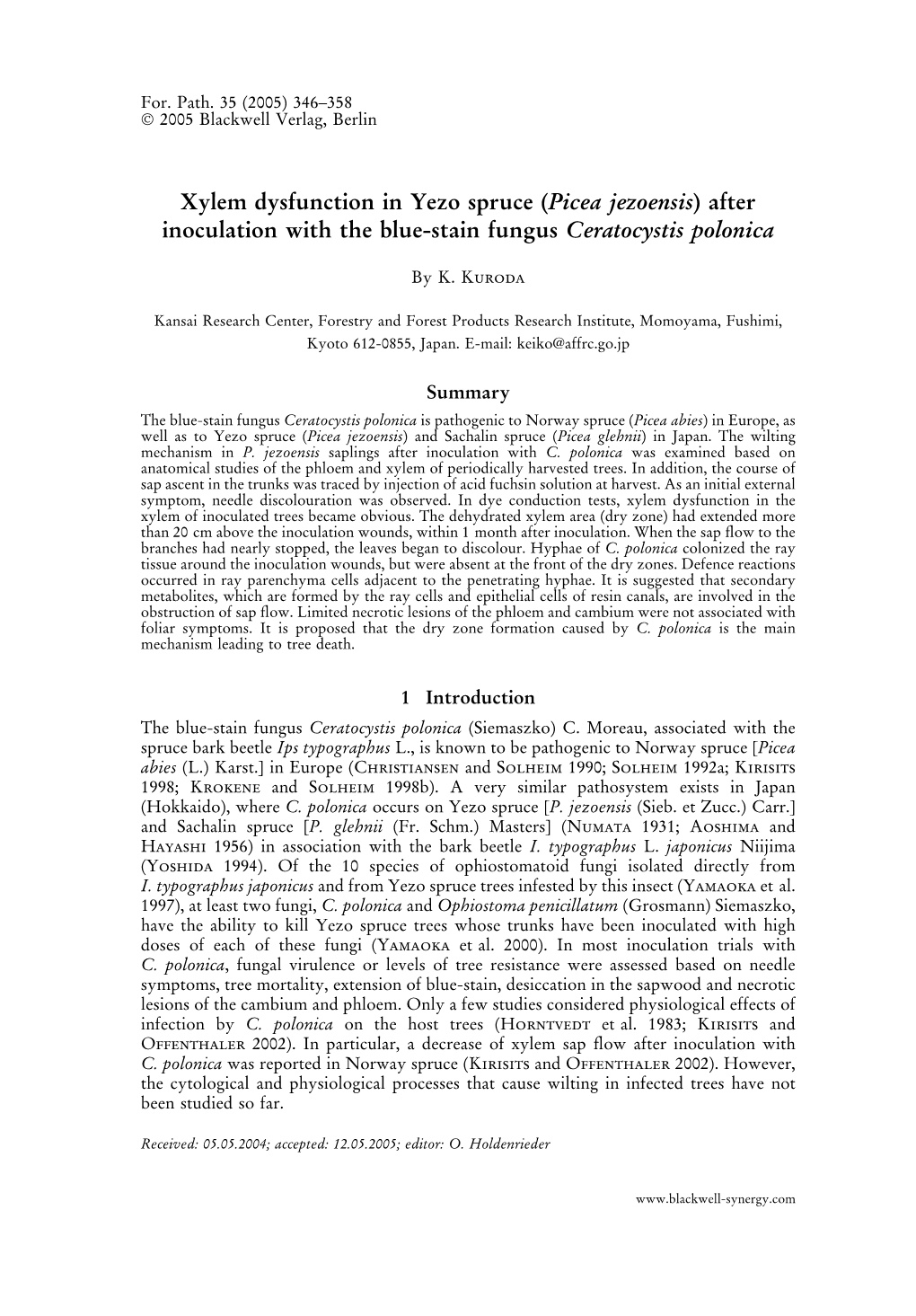 Xylem Dysfunction in Yezo Spruce (Picea Jezoensis) After Inoculation with the Blue-Stain Fungus Ceratocystis Polonica