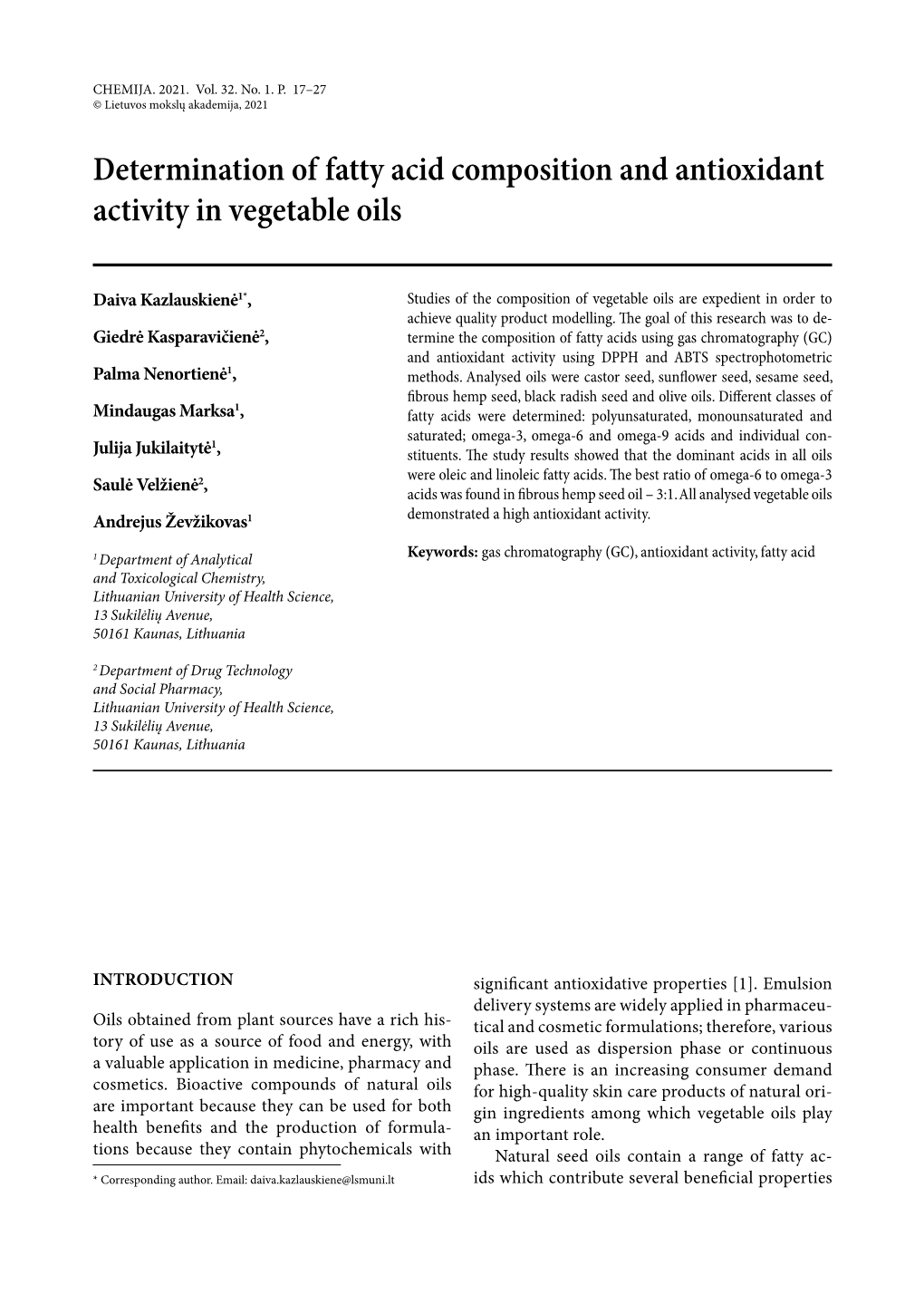 Determination of Fatty Acid Composition and Antioxidant Activity in Vegetable Oils