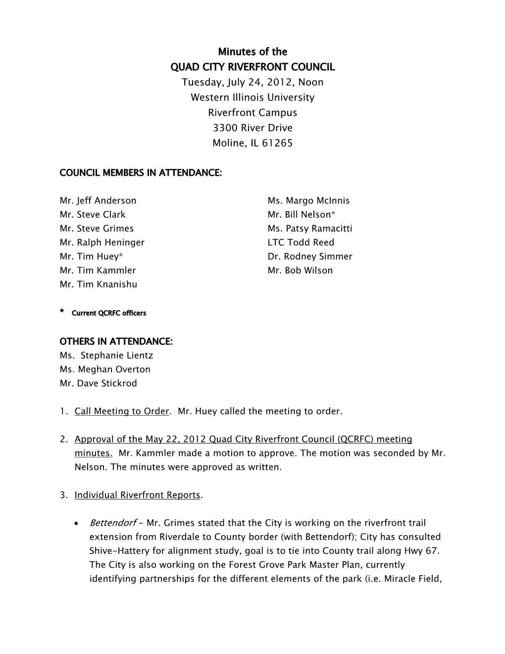 Quad City Riverfront Council Minutes, July 2012