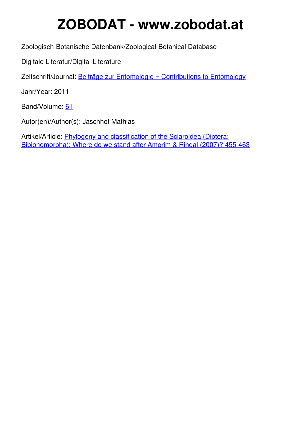 Phylogeny and Classification of the Sciaroidea (Diptera: Bibionomorpha)