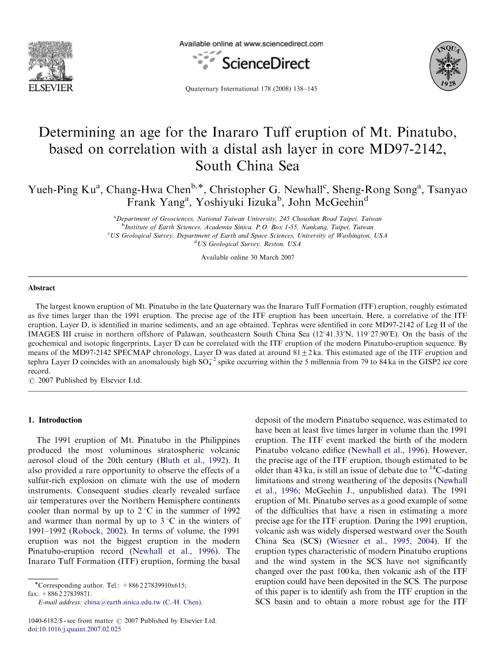 Determining an Age for the Inararo Tuff Eruption of Mt. Pinatubo, Based on Correlation with a Distal Ash Layer in Core MD97-2142, South China Sea