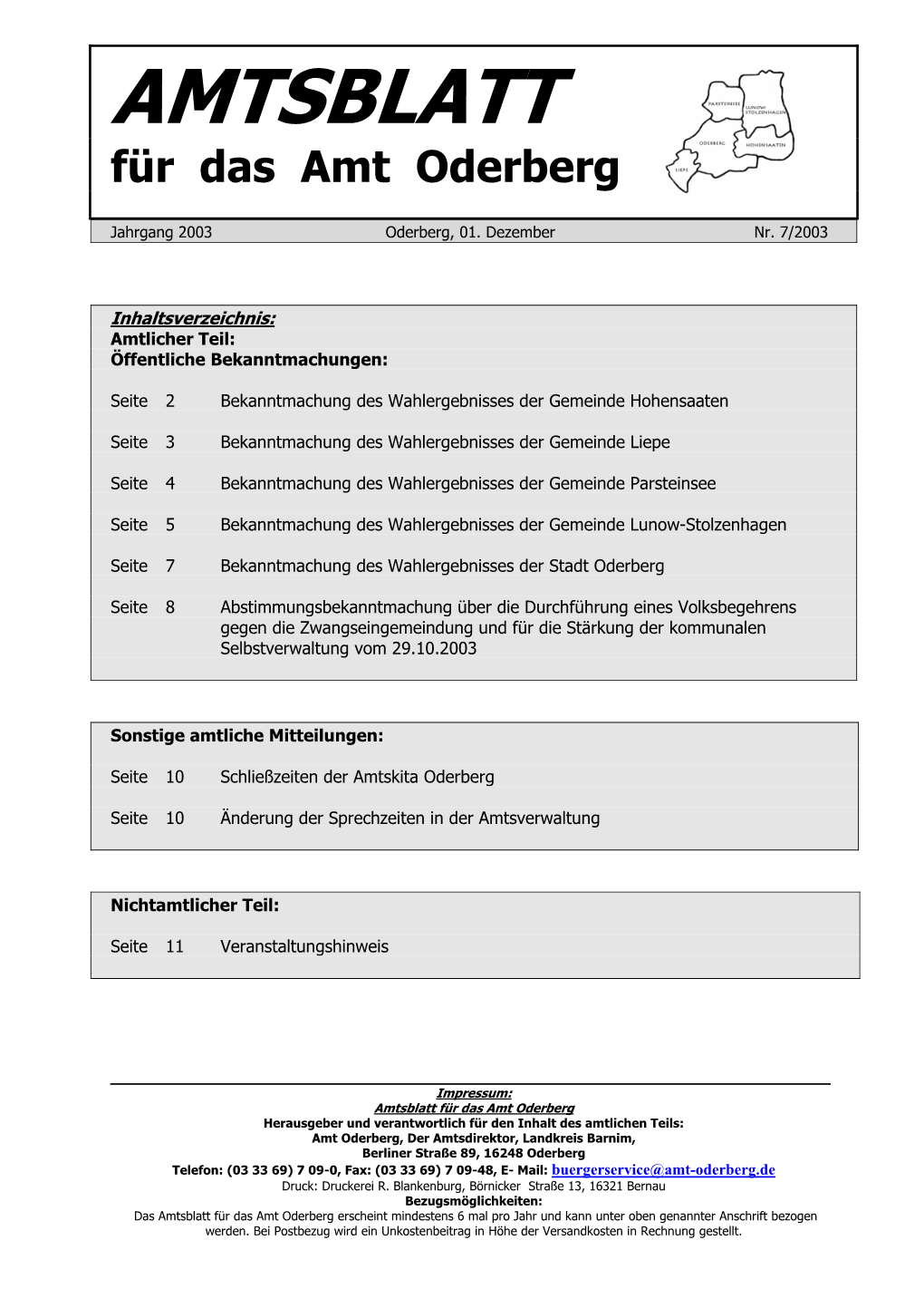 AMTSBLATT Für Das Amt Oderberg