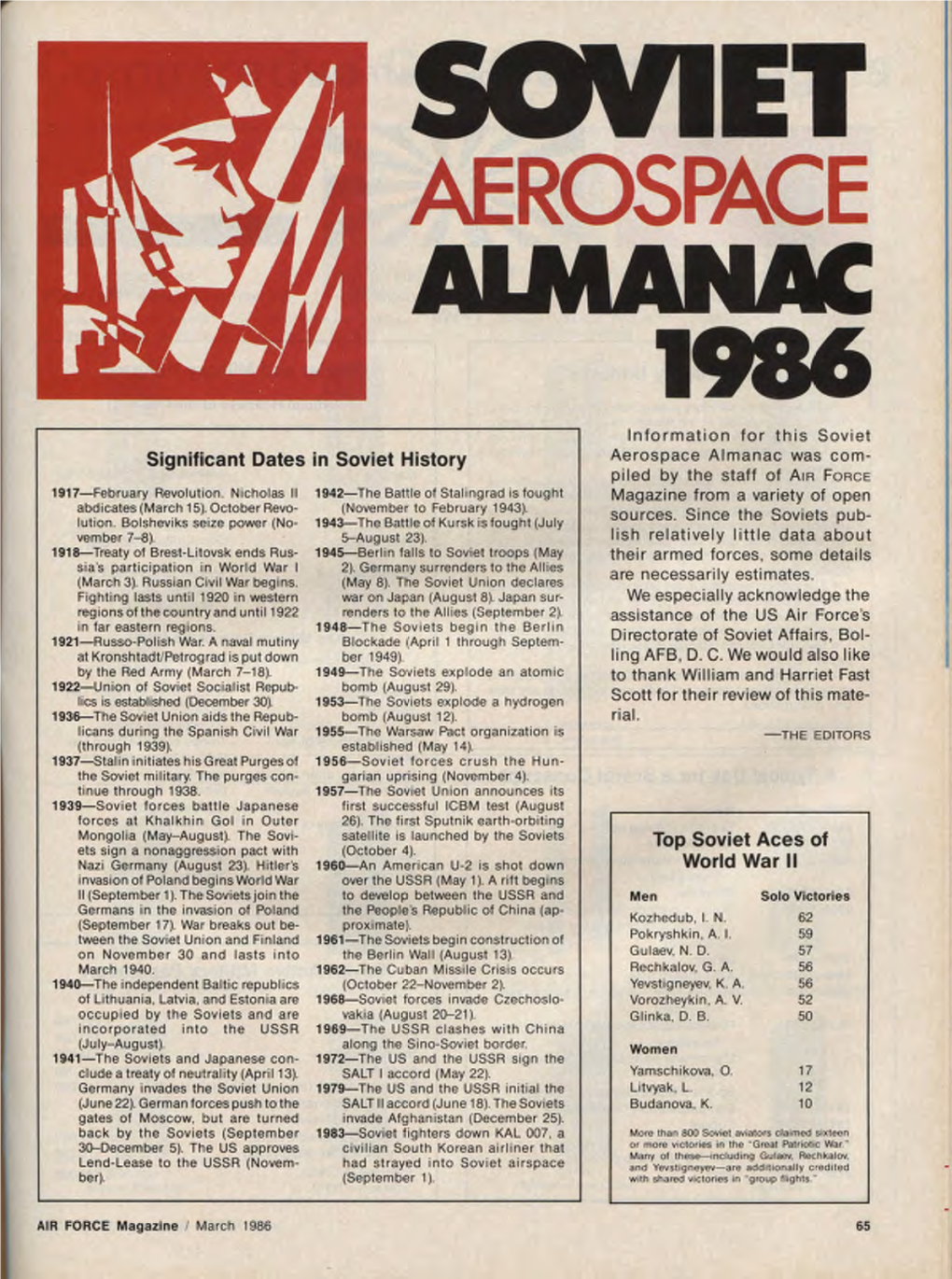 ALMANAC 1986 Information for This Soviet Significant Dates in Soviet History Aerospace Almanac Was Com- Piled by the Staff of AIR FORCE 1917-February Revolution