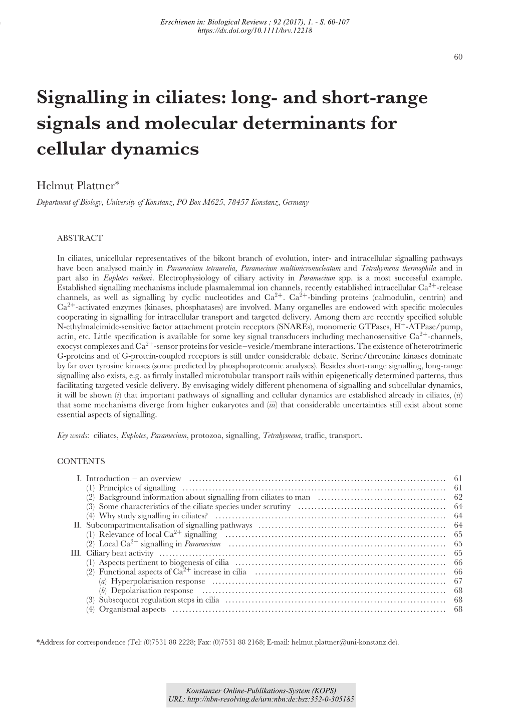 Signalling in Ciliates : Long- and Short-Range Signals and Molecular