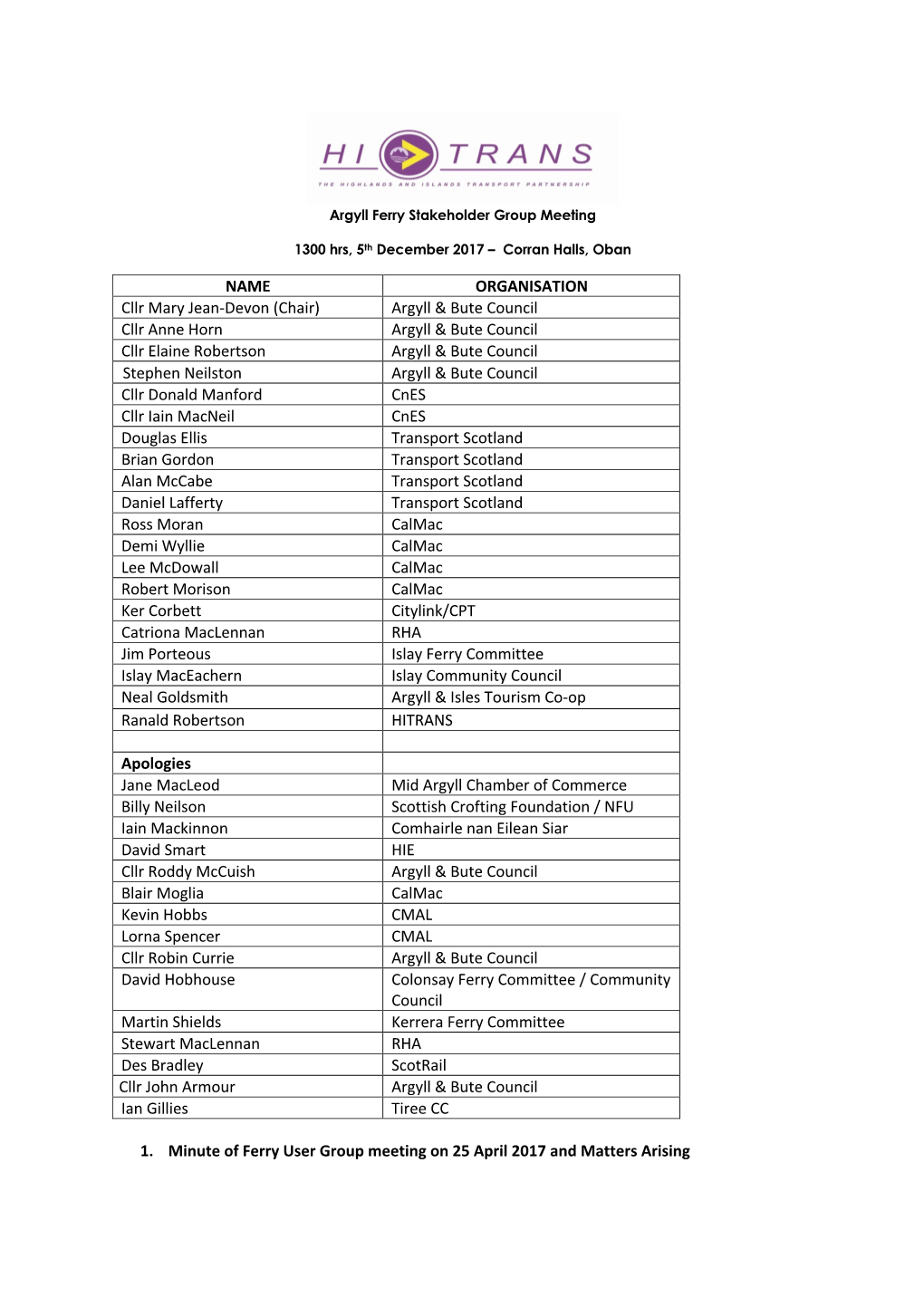 Argyll Ferry Stakeholder Group Meeting Note 051217