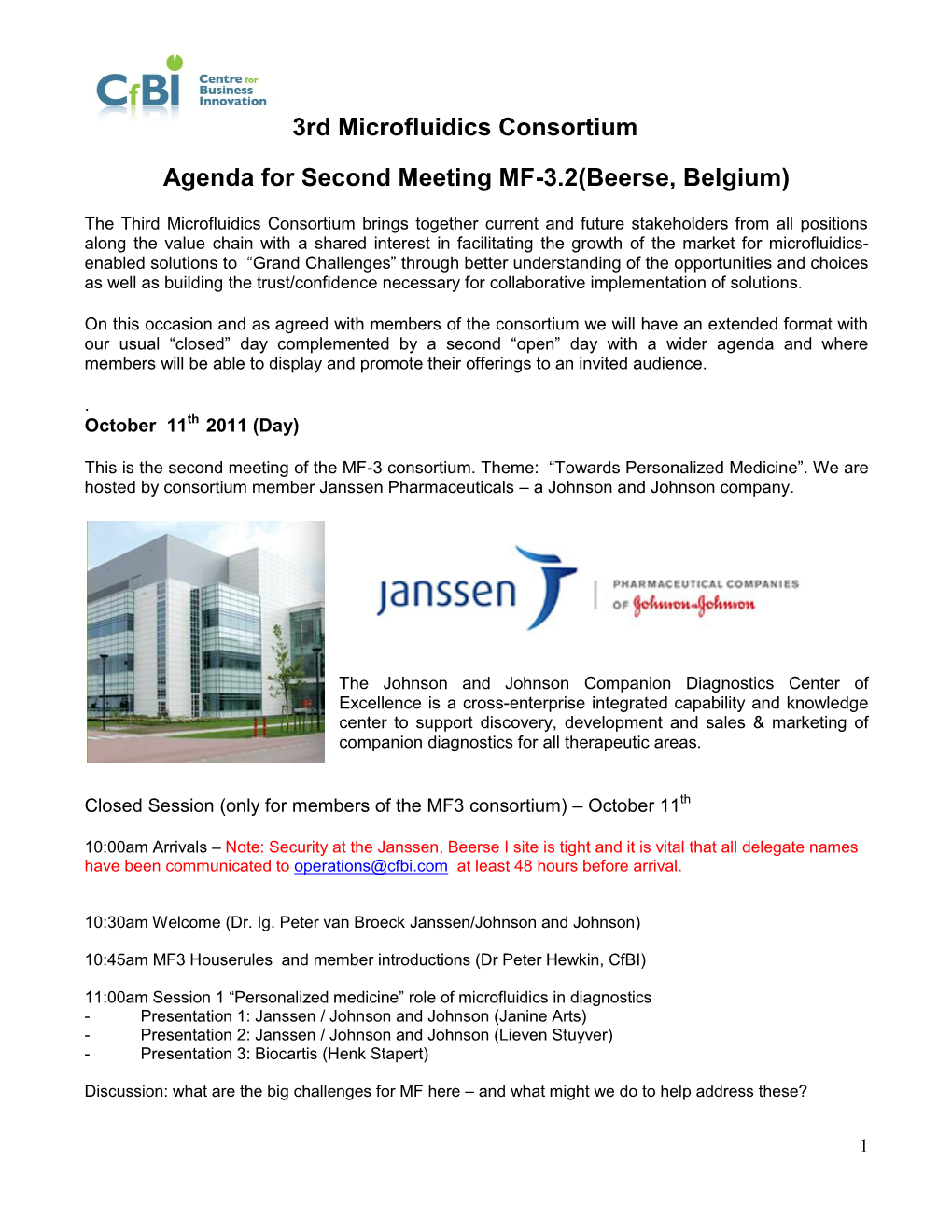 3Rd Microfluidics Consortium Agenda for Second Meeting MF-3.2(Beerse, Belgium)