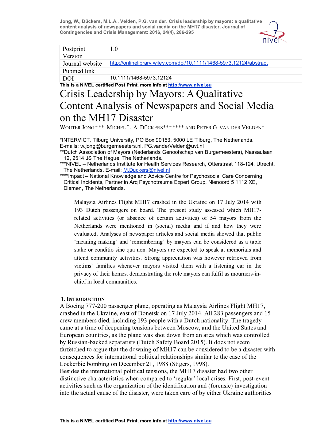 Crisis Leadership by Mayors: a Qualitative Content Analysis of Newspapers and Social Media on the MH17 Disaster