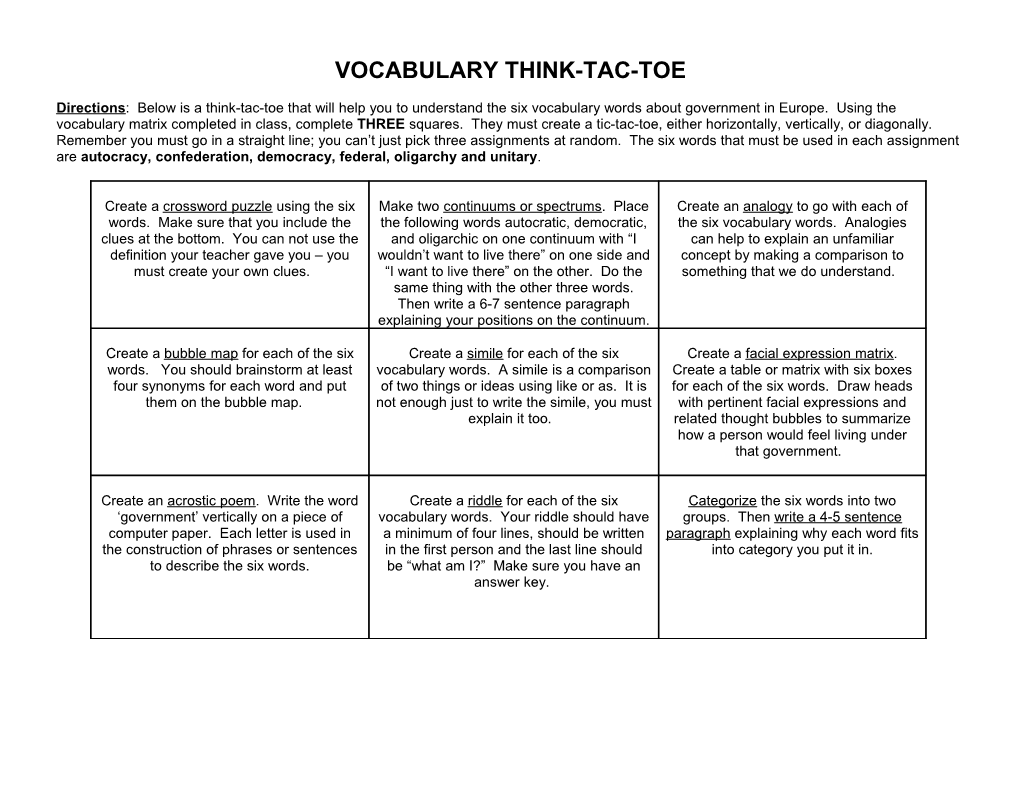 Vocabulary Think-Tac-Toe