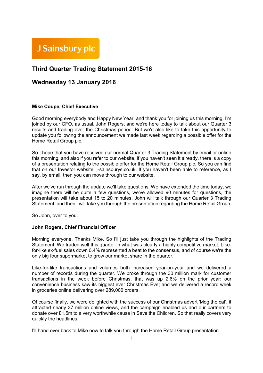 Third Quarter Trading Statement 2015-16 Wednesday