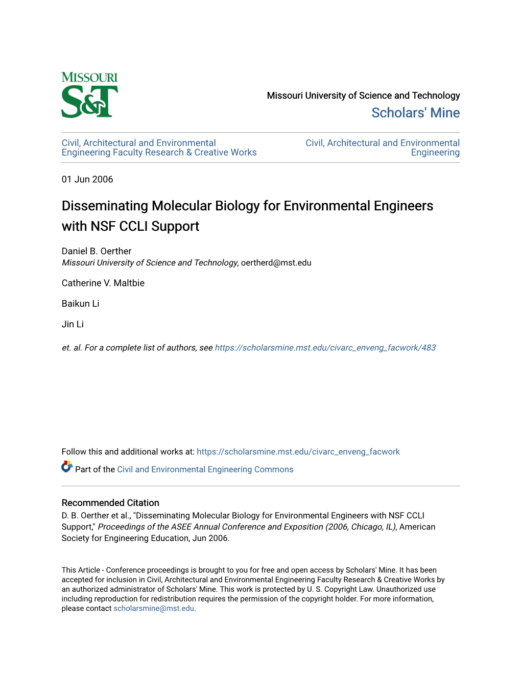 Disseminating Molecular Biology for Environmental Engineers with NSF CCLI Support