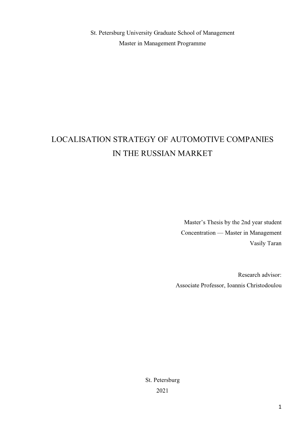 Localisation Strategy of Automotive Companies in the Russian Market