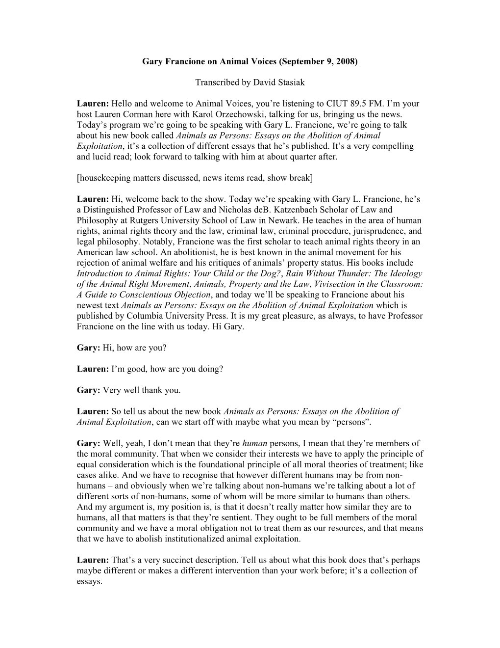 Gary Francione on Animal Voices (September 9, 2008)