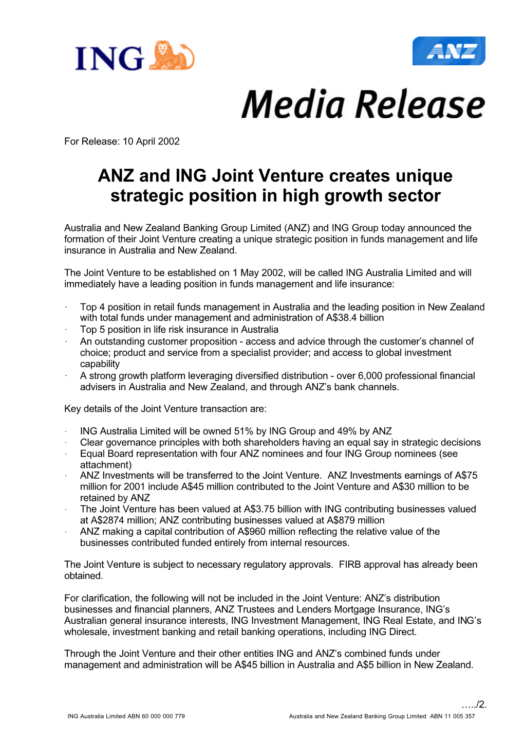 ANZ and ING Joint Venture Creates Unique Strategic Position in High Growth Sector