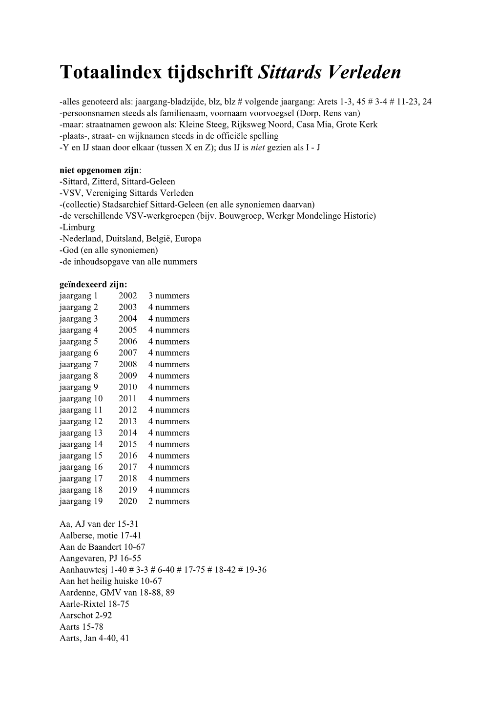 Totaalindex Tijdschrift Sittards Verleden