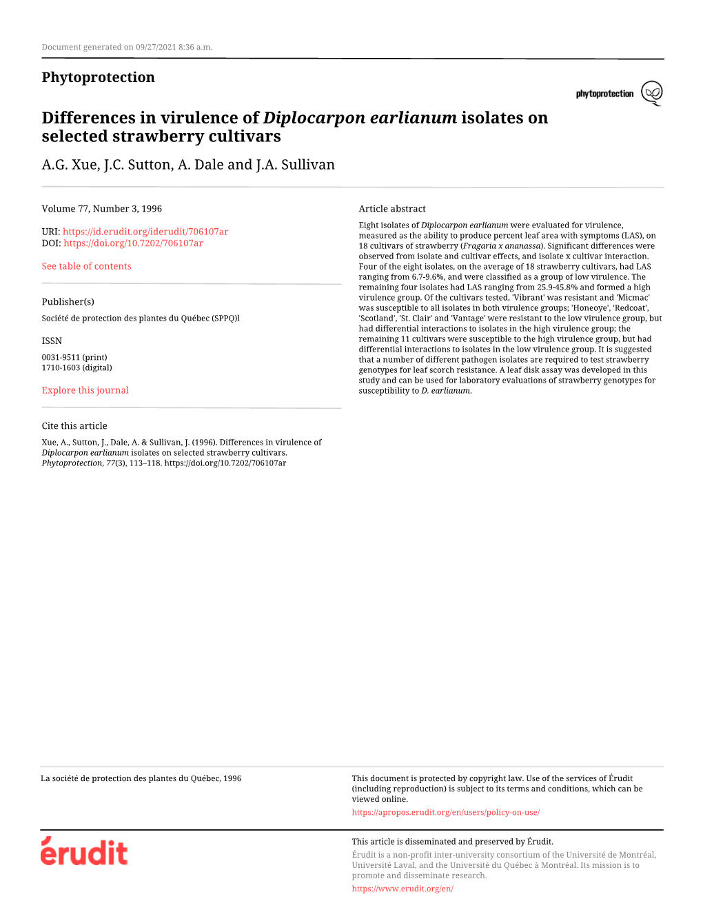 Differences in Virulence of Diplocarpon Earlianum Isolates on Selected Strawberry Cultivars A.G