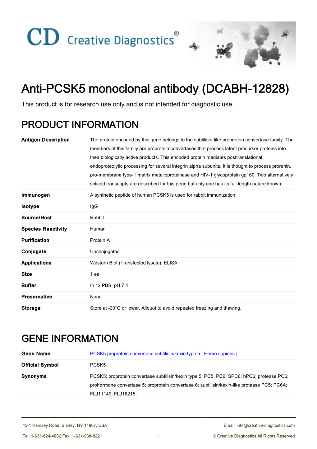 Anti-PCSK5 Monoclonal Antibody (DCABH-12828) This Product Is for Research Use Only and Is Not Intended for Diagnostic Use
