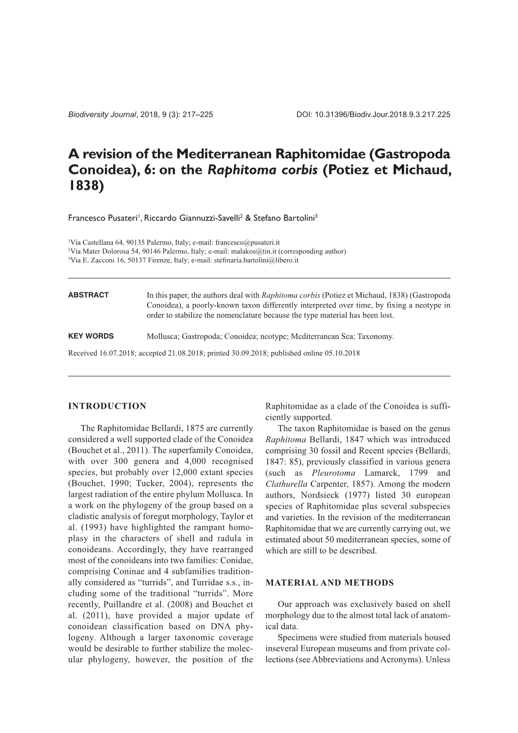 A Revision of the Mediterranean Raphitomidae (Gastropoda Conoidea), 6: on the Raphitoma Corbis (Potiez Et Michaud, 1838)