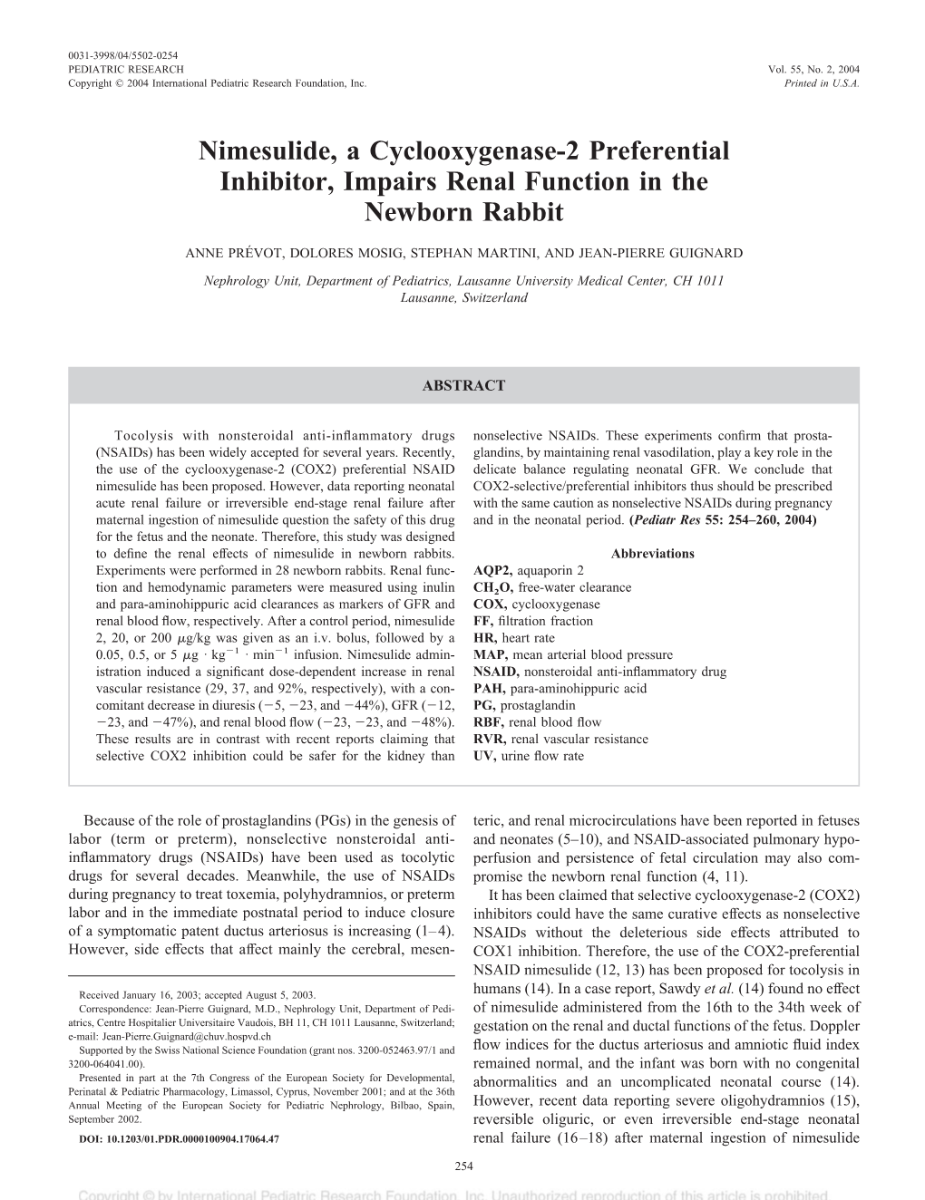 Nimesulide, a Cyclooxygenase-2 Preferential Inhibitor, Impairs Renal Function in the Newborn Rabbit