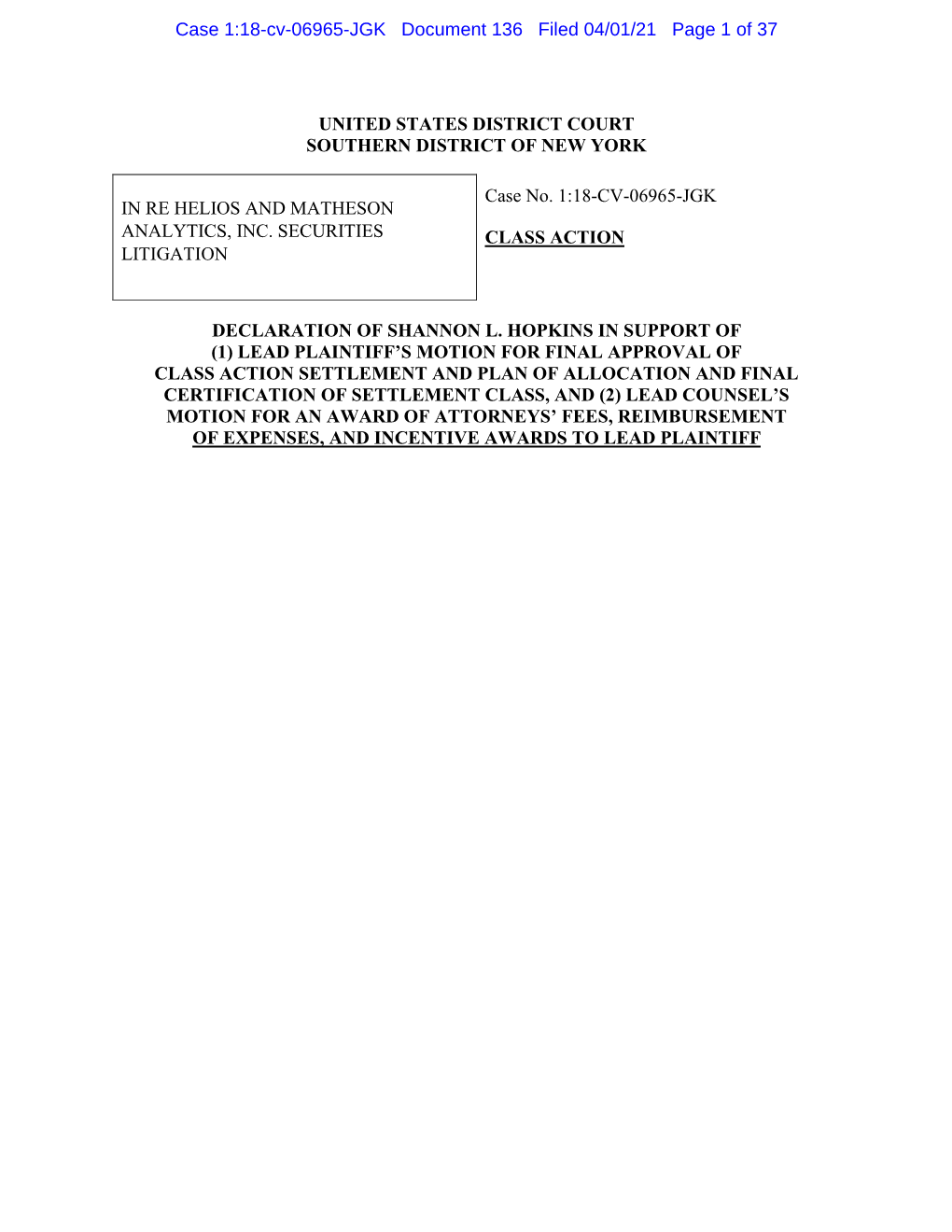 Lead Plaintiff's Motion for Final Approval Of