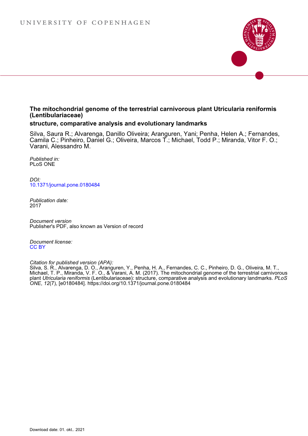 The Mitochondrial Genome of the Terrestrial Carnivorous Plant