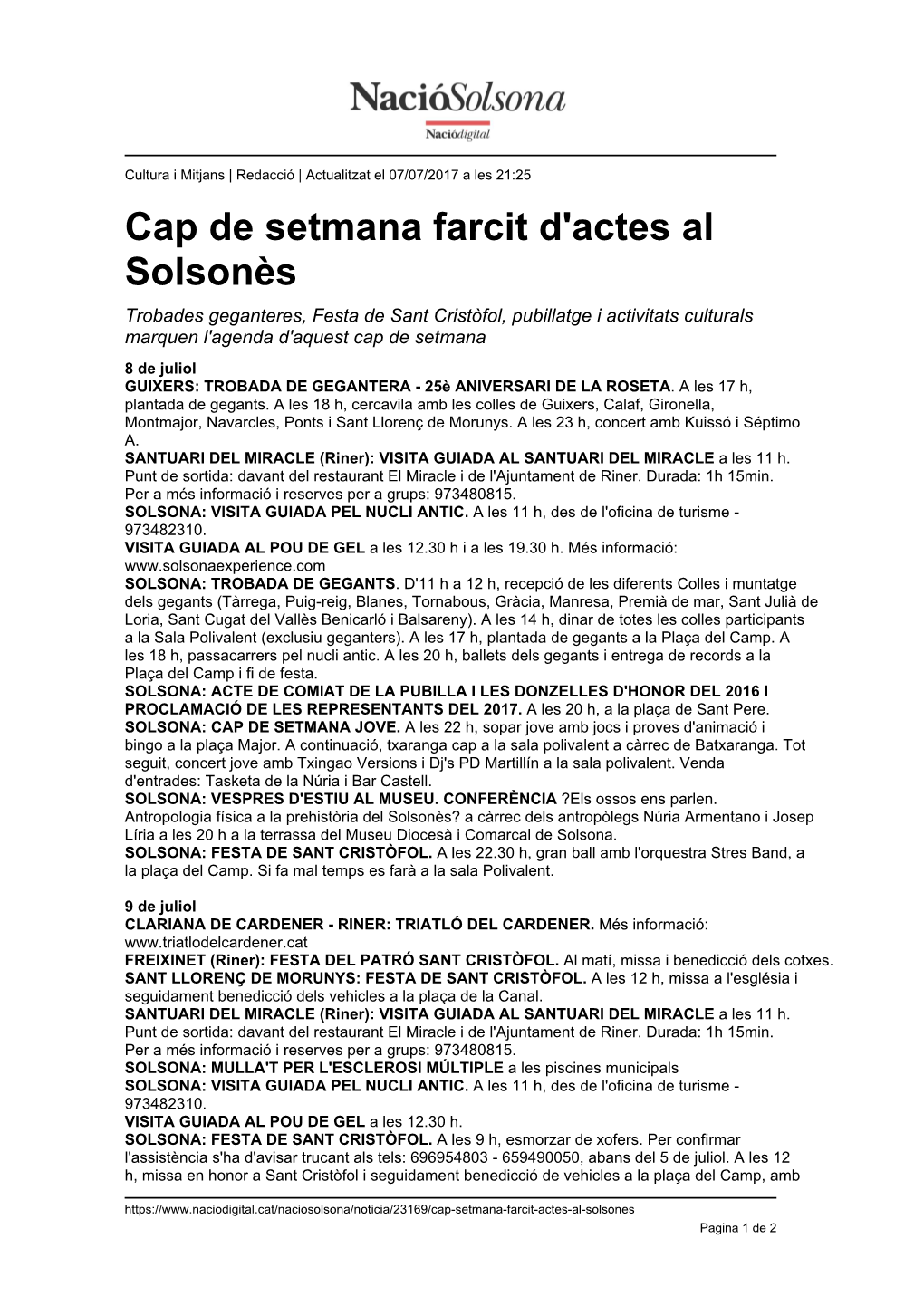 Cap De Setmana Farcit D'actes Al Solsonès