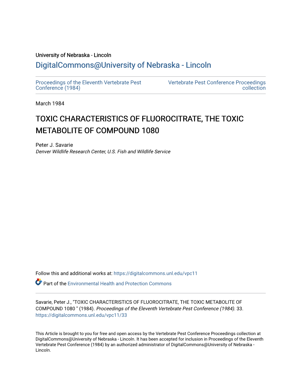 Toxic Characteristics of Fluorocitrate, the Toxic Metabolite of Compound 1080