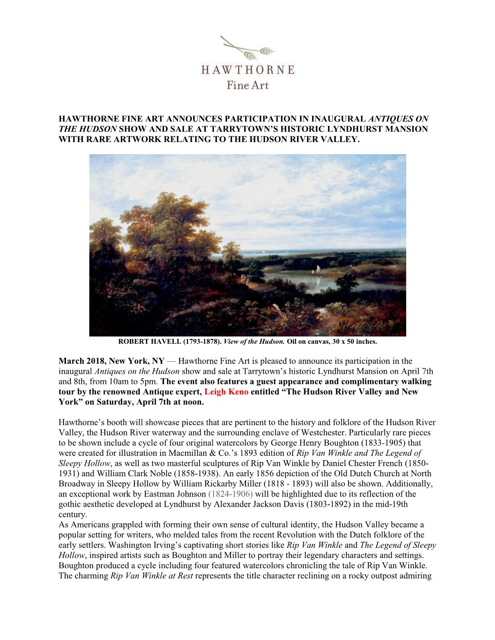 Hawthorne Fine Art Announces Participation in Inaugural Antiques on the Hudson Show and Sale at Tarrytown's Historic Lyndhurst