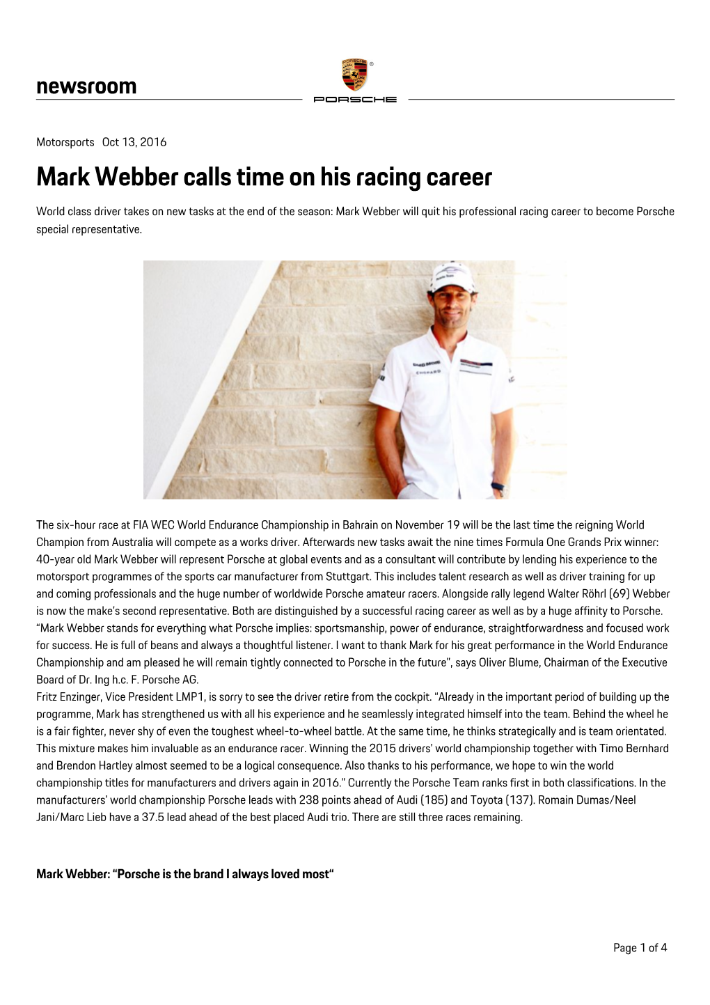 Mark Webber Calls Time on His Racing Career