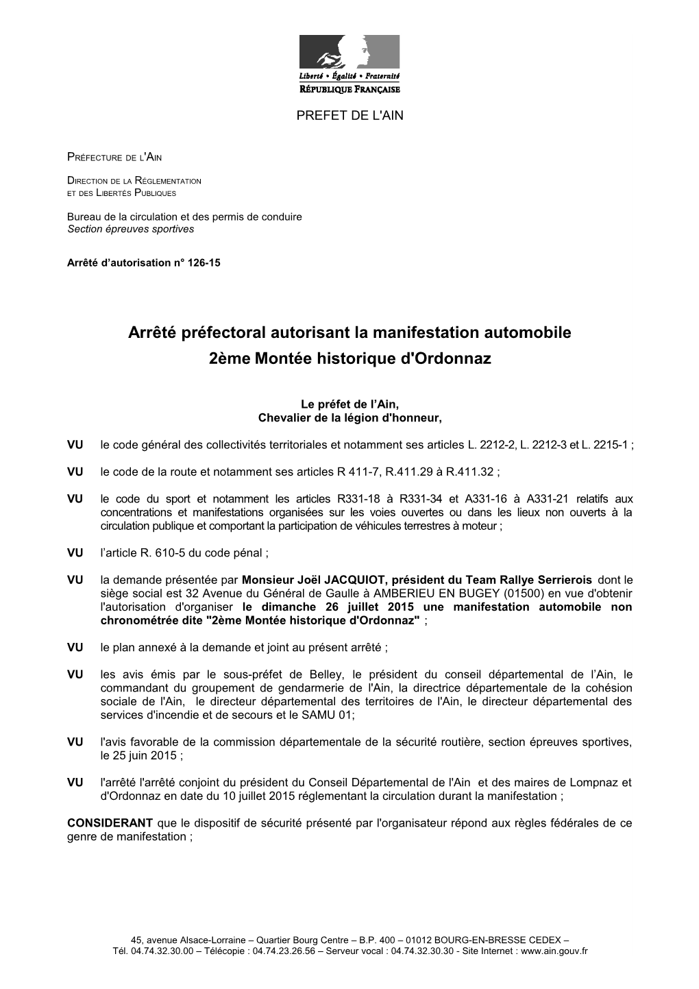 Arrêté Préfectoral Autorisant La Manifestation Automobile 2Ème Montée Historique D'ordonnaz