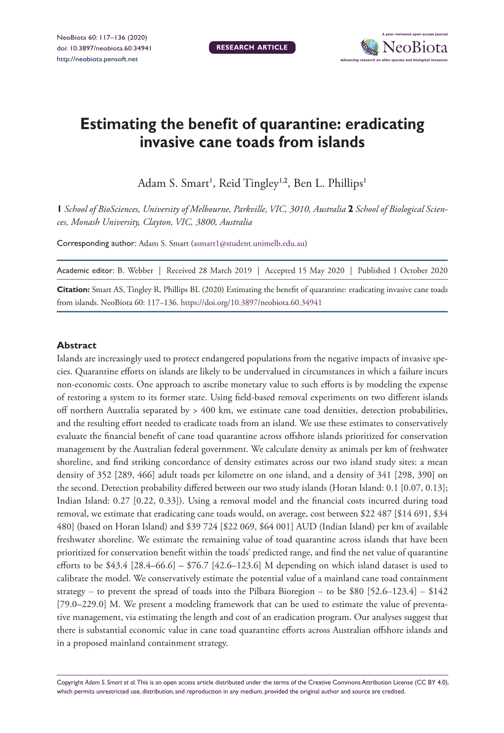 Estimating the Benefit of Quarantine: Eradicating Invasive Cane Toads from Islands