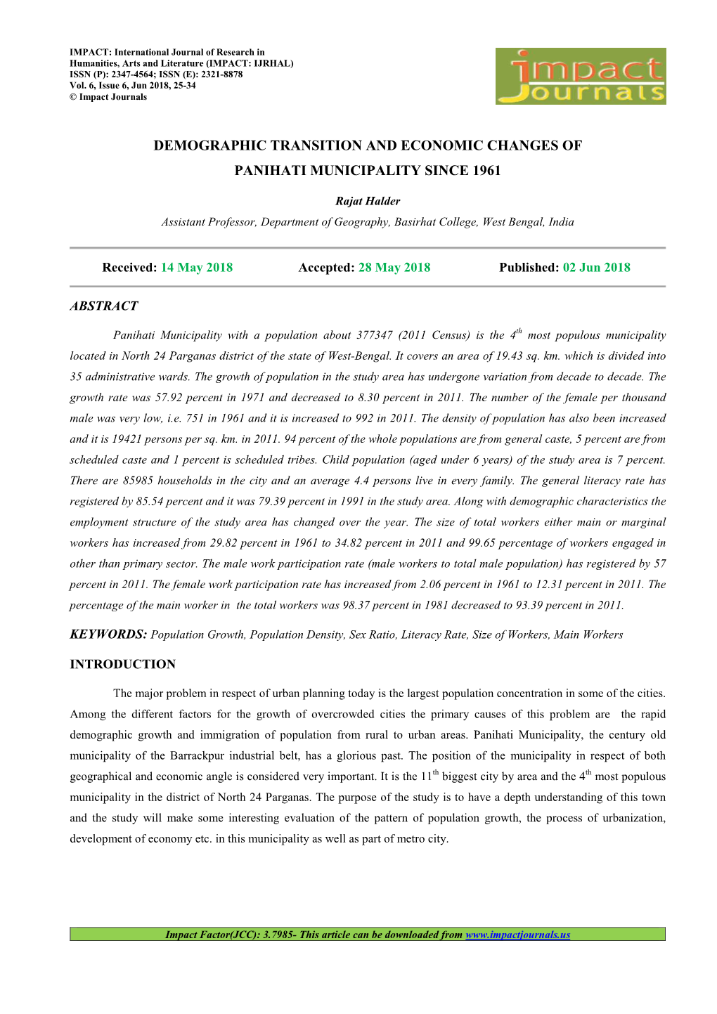 Demographic Transition and Economic Changes of Panihati Municipality Since 1961