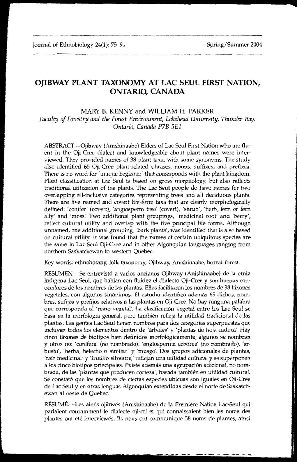 Ojibway Plant Taxonomy at Lac Seul First Nation, Ontario, Canada