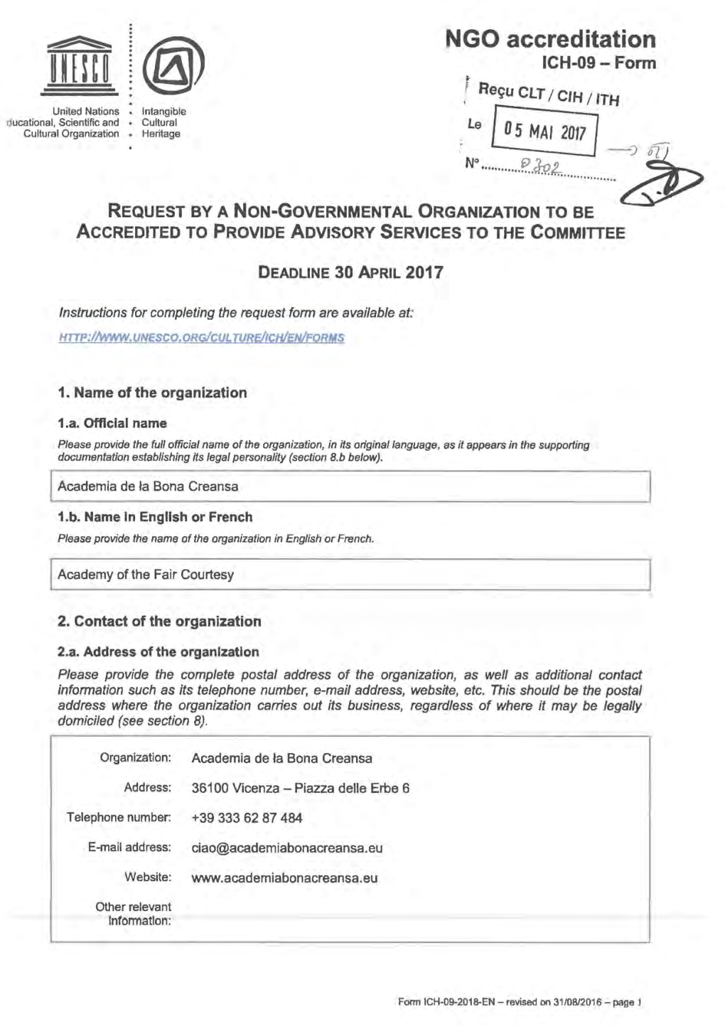 NGO Accreditation ICH-09 - Form ~ F Regu CLT CIH , I I ITH United Nations • Intangible T~ Ucational, Scientific and • Cultural Cultural Organization • Heritage