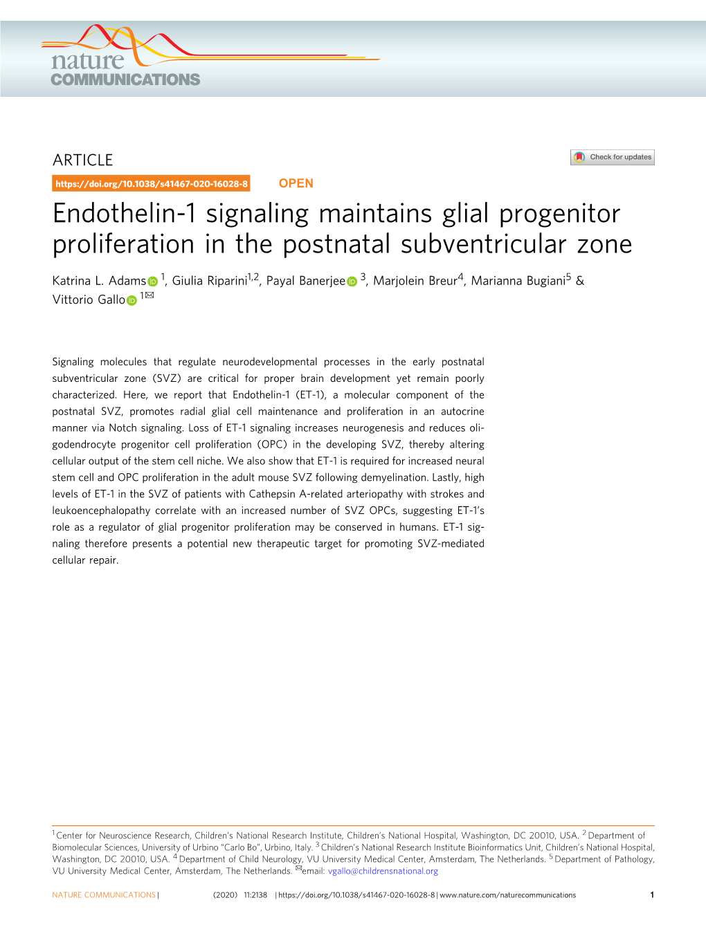 Endothelin-1 Signaling Maintains Glial Progenitor Proliferation in the Postnatal Subventricular Zone