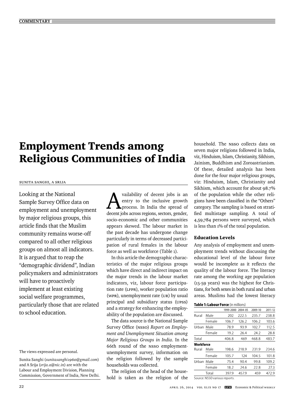 Employment Trends Among Religious Communities of India