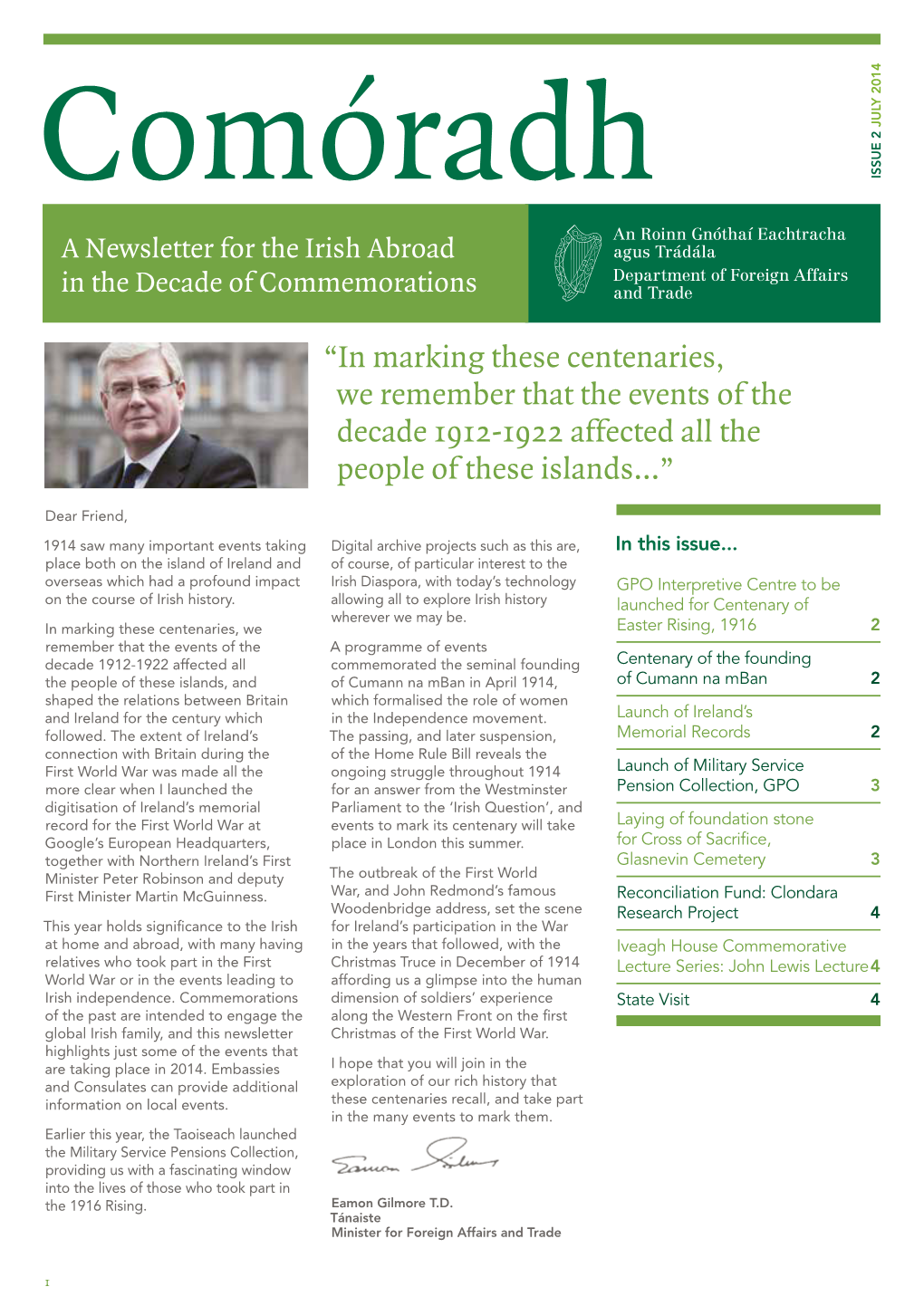 Comóradh 2014 ISSUE 2 JULY a Newsletter for the Irish Abroad in the Decade of Commemorations
