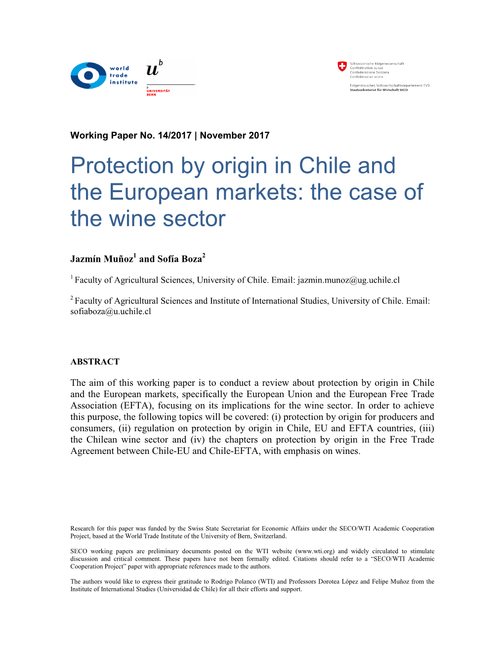 Protection by Origin in Chile and the European Markets: the Case of the Wine Sector