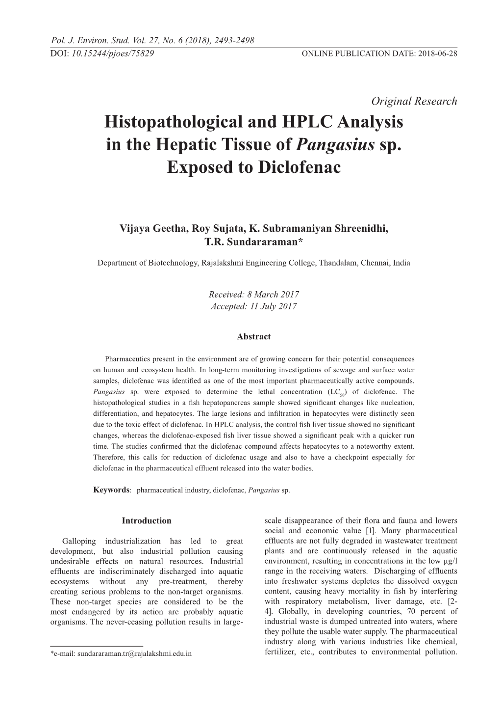 Histopathological and HPLC Analysis in the Hepatic Tissue of Pangasius Sp