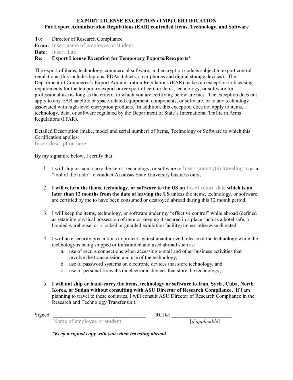 Export License Exception (Tmp) Certification s2