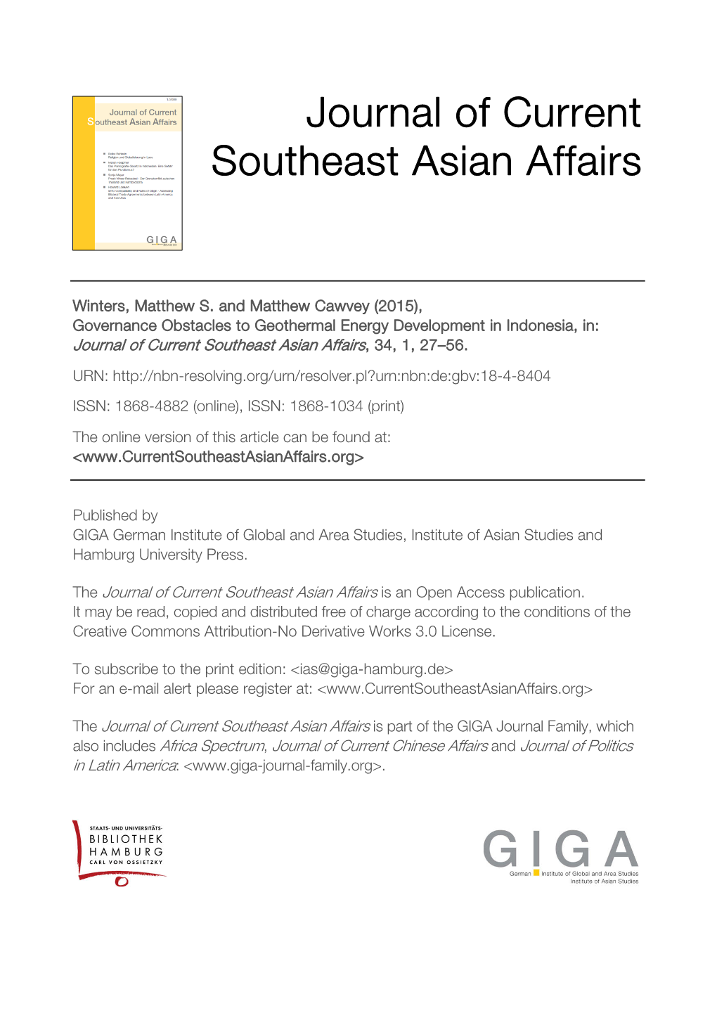Governance Obstacles to Geothermal Energy Development in Indonesia, In: Journal of Current Southeast Asian Affairs, 34, 1, 27–56