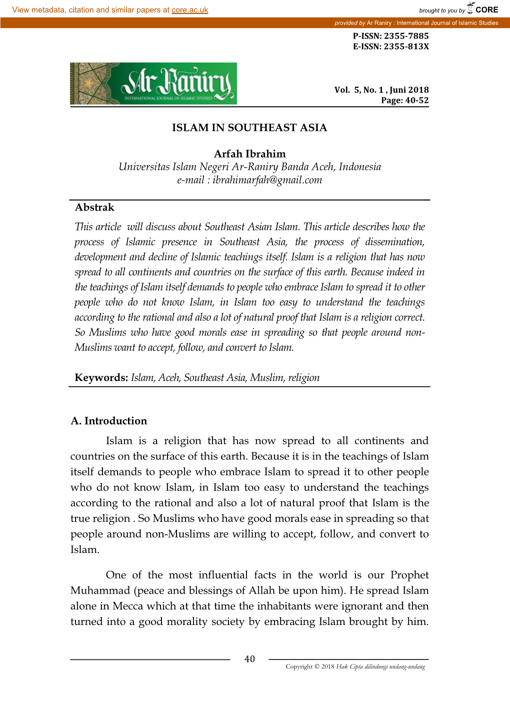 ISLAM in SOUTHEAST ASIA Arfah Ibrahim Universitas Islam