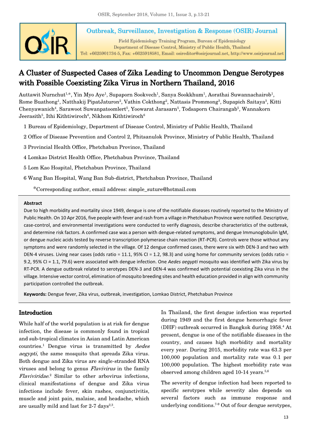 A Cluster of Suspected Cases of Zika Leading to Uncommon Dengue Serotypes with Possible Coexisting Zika Virus in Northern Thailand, 2016