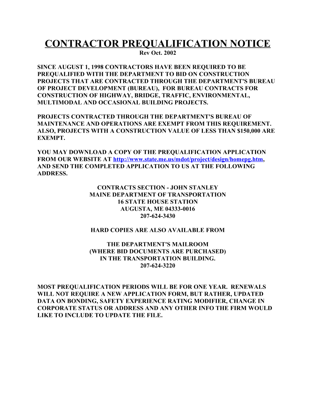 Contractor Prequalification Notice