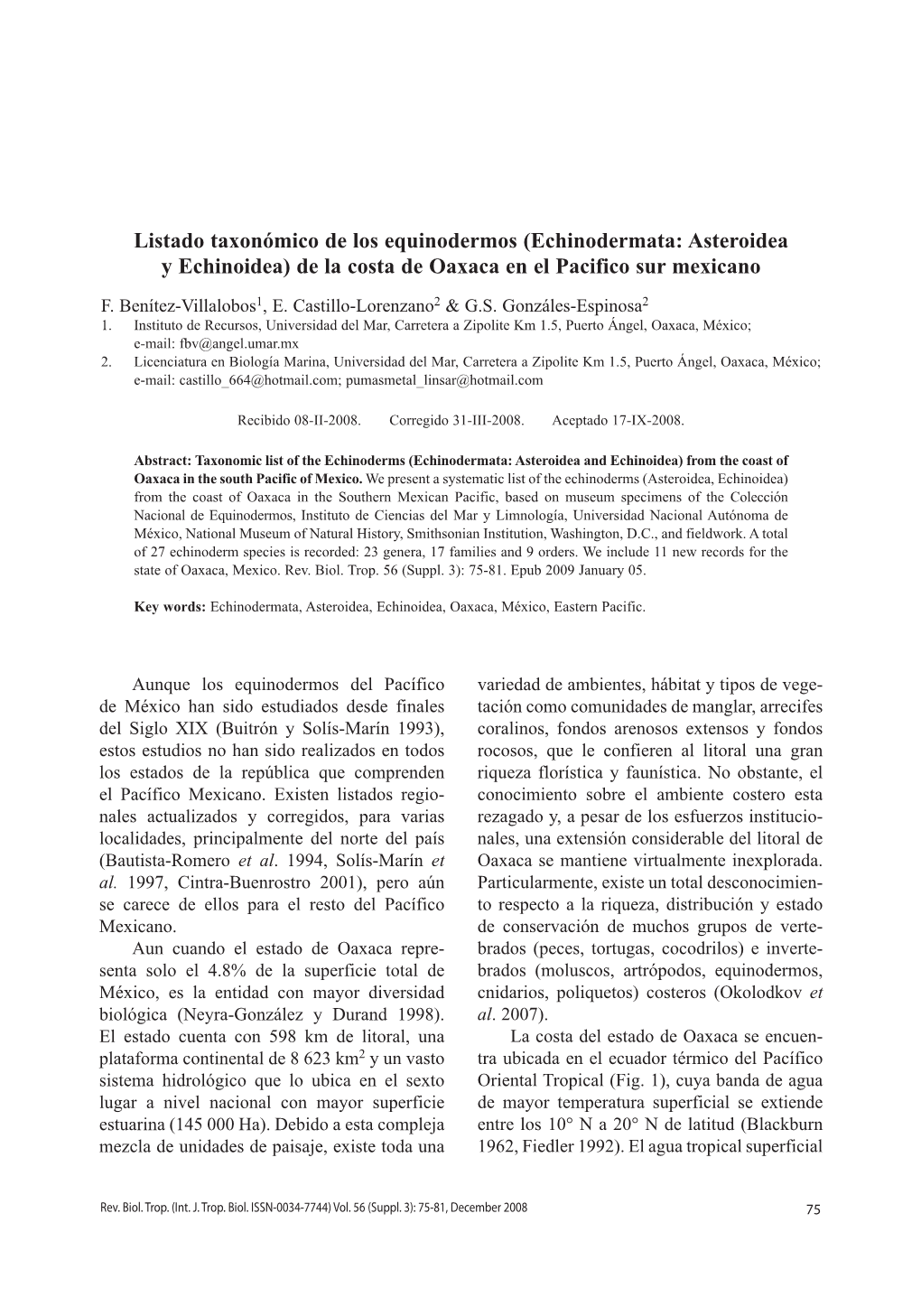 Listado Taxonómico De Los Equinodermos (Echinodermata: Asteroidea Y Echinoidea) De La Costa De Oaxaca En El Pacifico Sur Mexicano