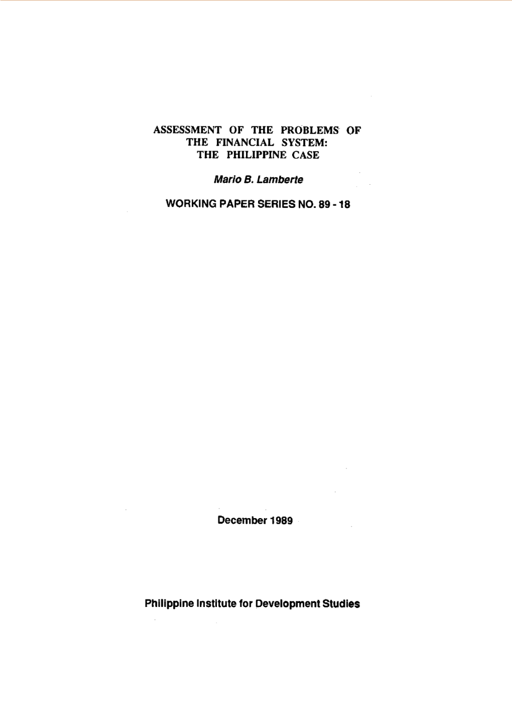 Assessment of the Problems of the Financial System: the Philippine Case