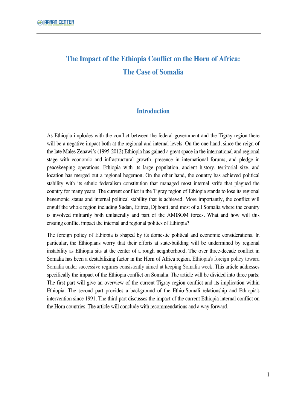 The Impact of the Ethiopia Conflict on the Horn of Africa: the Case of Somalia